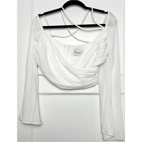 NWT BOSKEMPER Pleated Chiffon Faux Wrap One Shoulder Long Bell Sleeve Crop Top L - Picture 4 of 6